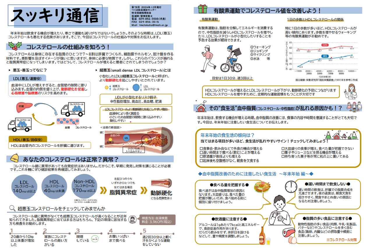 スッキリ通信78号
コレステロールの仕組みを知ろう！
あなたのコレステロールは正常？異常？
有酸素運動でコレステロール値を改善しよう！
その”食生活”血中脂質（コレステロール・中性脂肪）が乱れる原因かも⁉

